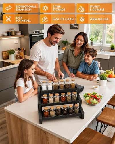 Spice Rack Organizer for Cabinet Expandable Metal 3 Tier Spice Rack Black - Image 4