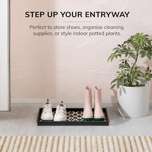 Anji Mountain Heavy Duty Waterproof Rubber Shoe Storage Mat Organizer/Boot Storage Multi Use for Entryway with Coir, Black and Ivory Insert, Fits 2 Pair (24.5" Wide) - Image 2