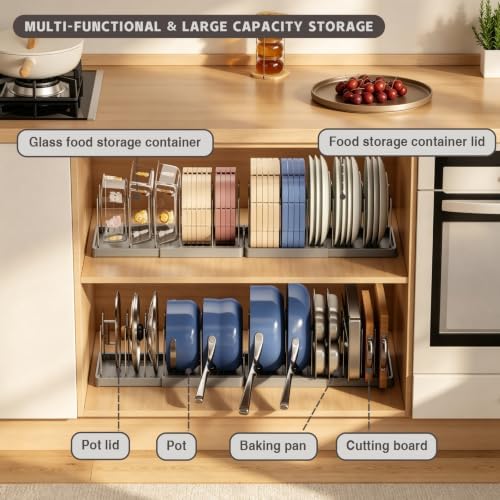 Magheo 2 Pack Expandable Food Storage Container Lid Organizers, 31.3" Pots and Pans Organizer Under Cabinet with 12 Adjustable Dividers Pot and Pan Lid Holders Rack Inside Cabinet(Gray) - Image 2