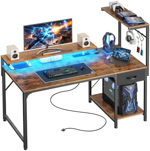 PRAISUN 47.2 Inch Gaming Desk with LED Lights & Power Outlets by PRAISUN