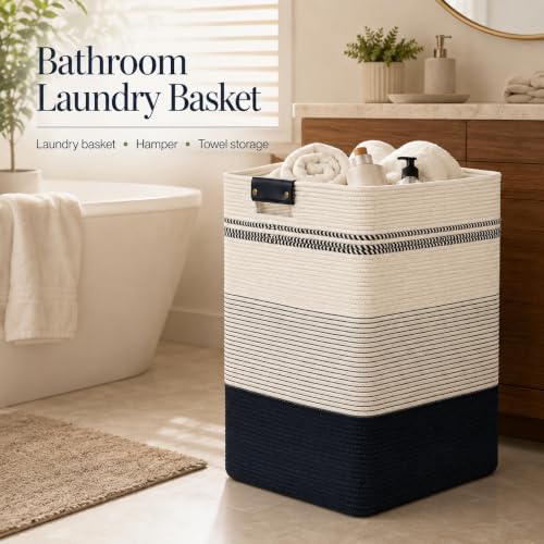 Laundry Hamper, Cotton Rope Laundry Basket with Leather Handles, 21.1-Gallon/80 L Large Clothes Hampers for Laundry, Woven Laundry Baskets for Blankets, Clothing, Bedroom, Living Room, Nursery - Image 2