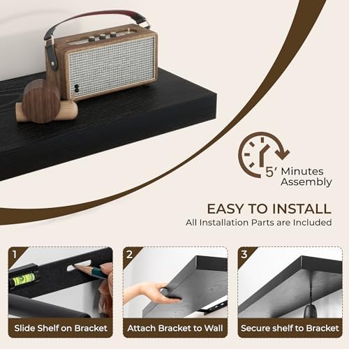 RICHFOCUS Long Floating Shelves for Wall 2Pack, Black, 55" Lx8 D - Image 5