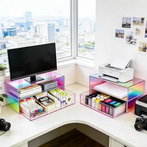 Gelite Acrylic Computer Monitor Stand for Desk Monitor Riser with Drawer Desktop Monitor Shelf with Storage, Iridescent - Image 5