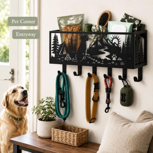 Custom Dog Leash Holder for Wall Pet Supply Organizer with Storage Basket - Image 2