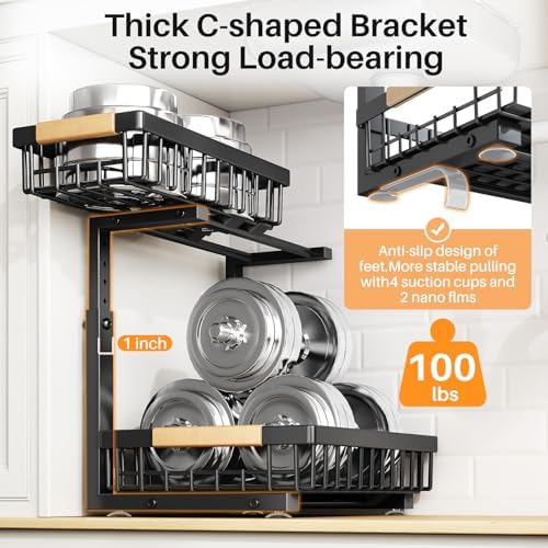 PXRACK Under Sink Organizer, Adjustable Height, 2 Tier Pull Out Under Cabinet Organizer, Slide Out Thickened Metal Under Sink Storage for Kitchen Bathroom Laundry Pantry Cabinet, Black, Small-2-Pack - Image 6