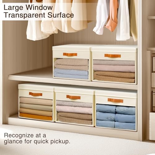 Homsorout Large Storage Bins with Lids - 6 Pack Foldable Decorative Organizers with Clear Windows & Handles, Cube Storage Organizers for Clothes, Blankets, Sweaters, Sheets, Beige - Image 4