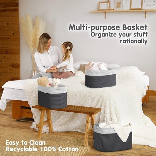 CHAT BLANC Cotton Rope Baskets for Organizing I Storage Baskets for Shelves | Rope Basket for Storage, Small Laundry Baskets, Woven Baskets for Storage, Dog Toy Bin, Baby Basket, Gray & Graphite 3Pack - Image 5