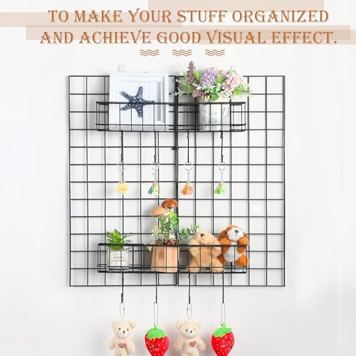 Black 4 Pack Grid Wall Hanging Baskets with 16 S Hooks, 15.8 x 3.9 x 3.2 Inch Metal Wire Wall Mount Storage Baskets for Grid Panels, Retail Display, Kitchen, Bathroom - Image 4