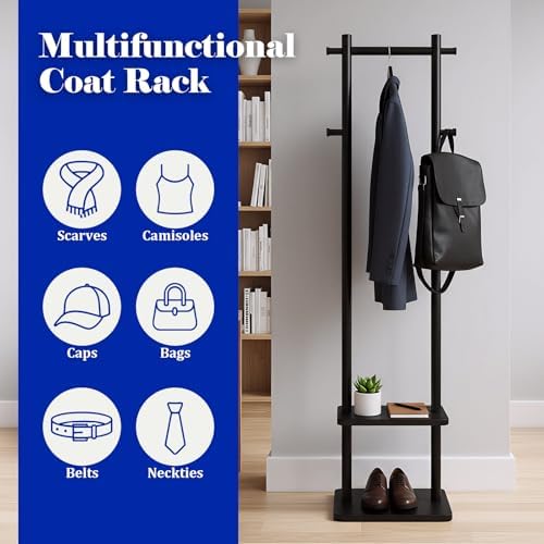 Coat Rack,Freestanding Hall Tree for Entryway Home Bedroom Office,Sturdy Wooden Coat Hanger Stand for Clothes Jacket Hats Bags(Black) - Image 3