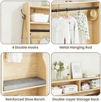 43.3" Hall Tree with Shoe Storage, Entryway Coat Rack with Flip Drawers Shoe Cabinets, Padded Shoe Changing Bench, Metal Hanging Rod & Hooks, Fluted Grain Accent Entryway Organizer for Hallway - Image 5