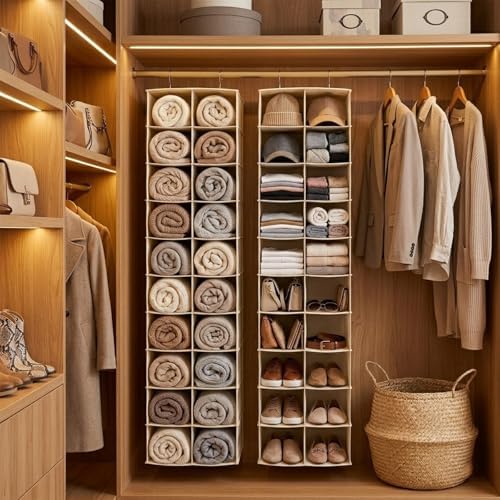 20 Section Hanging Shoe Organizer for Closet, Hanging Closet Organizer and Storage Space-Saving Foldable Clothes Shelf with Sturdy Hooks for Wardrobe, Dorm, Bedroom, Rv, Beige - Image 2