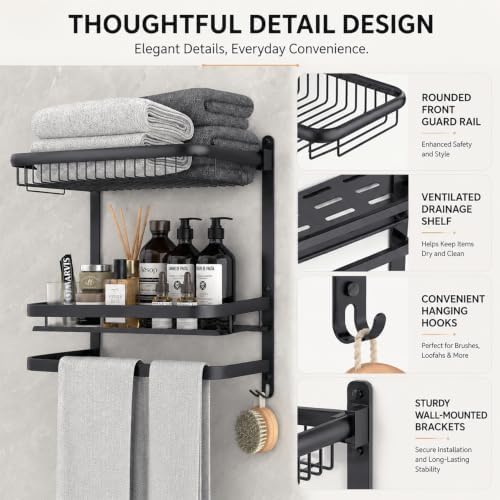CAXIMSY Towel Rack for Bathroom with 3 Tier Shelf Double Bar Hook (Black) - Image 4
