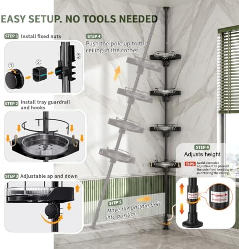 360° Rotating Tension Pole Caddy – 4-Tier Corner Shower Organizer, Height Adjustable 33"–124", Space-Saving for Bathroom, Kitchen Counter, Cabinet Gaps & Bathtub (black) - Image 4