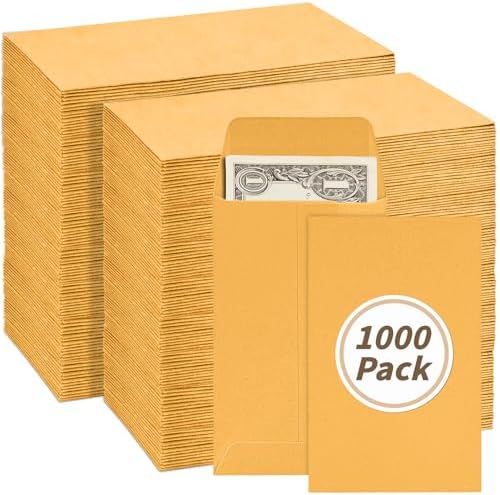 1000 Pack Money Envelopes 3.5x6.5in Brown Kraft Small Cash Envelopes Small Parts Envelopes with Gummed Flap for Home and Office Use, Small Item Organizer by UZLUbuywithconfidence