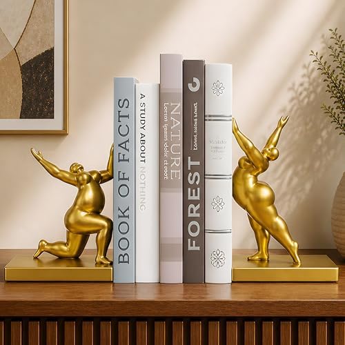 Sculptural Bookends Set of 2, Decorative Modern Bookends with Adjustable Phone & Tablet Holder, Artistic Resin Book Ends for Shelves, Durable Home & Office Decor – Metallic Gold by Unknown