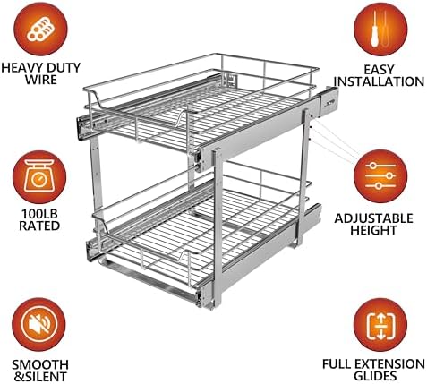 JOWBOOW 2-Tier Narrow Cabinet Pull Out Shelves, 8" W x 22" D, Chrome - Image 3
