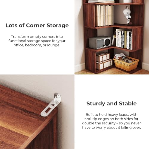 6-Tier L-Shaped Corner Bookshelf, 63" Tall Freestanding Wood Grain Corner Bookcase with Safety Baffle, Space-Saving Corner Shelf Storage for Living Room, Bedroom, Home Office, Walnut - Image 4