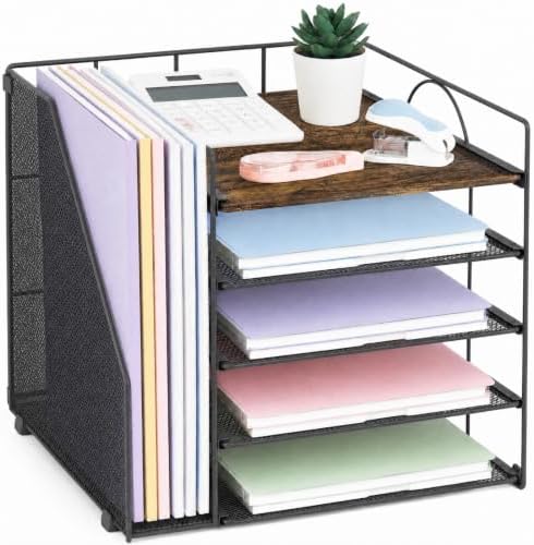LEKETREE Desk Organizers and Accessories, 5-Tier Paper Letter Tray Organizer with File Holder, Desktop Organizer for Office Supplies (Wood) by Stylishworkspaceeffortlessorganization