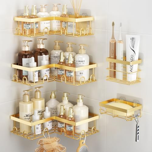 Liuoud Corner Shower Caddy, 5 Pack Adhesive Stainless Steel Organizer, Gold by Liuoud