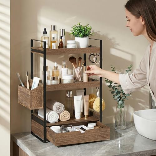 3-Tier Bathroom Counter Organizer with Drawer Basket and Hooks, Wood Bathroom Organizers and Storage for Countertop, Farmhouse Countertop Organizer, Counter Shelf for Vanity, Kitchen,Office - Image 2