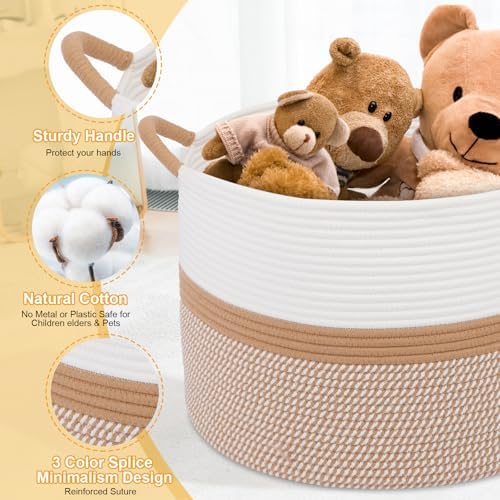 Laundry Basket,Laundry Hamper,20''x13''Woven Cotton Rope Blanket Basket in Living Room;Toy storage;Nursery hamper,Pillows,Girls Kids Baby Toy chest,Baskets for storage,Decor (White/Brown) - Image 6