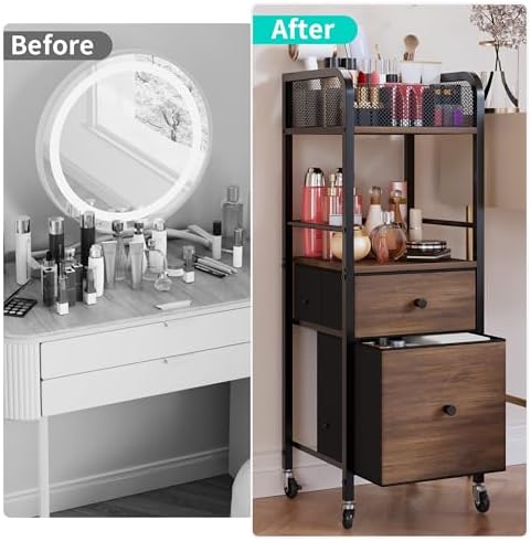 HapiRm Rolling Makeup Cart Organizer - Floor Skincare Make Up Storage with 2 Non-woven Fabric Drawers, Vanity Organizer Cosmetic Display Cases Holder for Skin Care Perfume Nail Polish Brush Hair Tool - Image 2