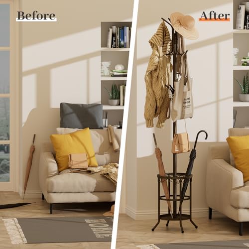 Coat Rack Freestanding With Umbrella Holder – Metal Hall Tree with 12 Hooks, Entryway Organizer for Hats, Bags, and Clothes (Brown) - Image 5
