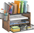 DAOUTIME 4-Tier Mesh Desk Organizer, Wooden Desk File Organizer with 5 Vertical File Holders and 2 Pen Holders, Desktop Organizers and Accessories with Drawer for Home Office by DAOUTIME