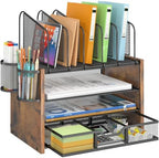 DAOUTIME 4-Tier Mesh Desk Organizer, Wooden Desk File Organizer with 5 Vertical File Holders and 2 Pen Holders, Desktop Organizers and Accessories with Drawer for Home Office by DAOUTIME