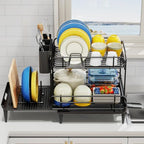 Urackify Dish Drying Rack for Kitchen Counter, Expandable 2 Tier Dish Rack, Large Capacity Dish Drainer with Drainboard Multifunctional Dish Strainer with Removable Cutlery Holder Black - Image 2