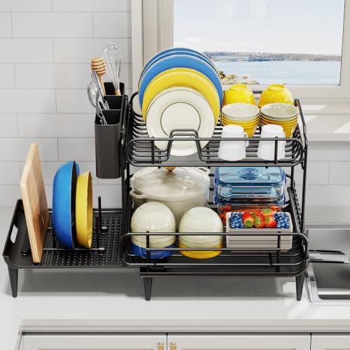 Urackify Dish Drying Rack for Kitchen Counter, Expandable 2 Tier Dish Rack, Large Capacity Dish Drainer with Drainboard Multifunctional Dish Strainer with Removable Cutlery Holder Black - Image 2