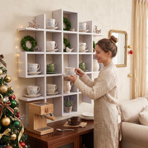 Suzile 5x5 Wall Shelf for Tea Cups Saucers, Rustic Wood Rack, White - Image 6