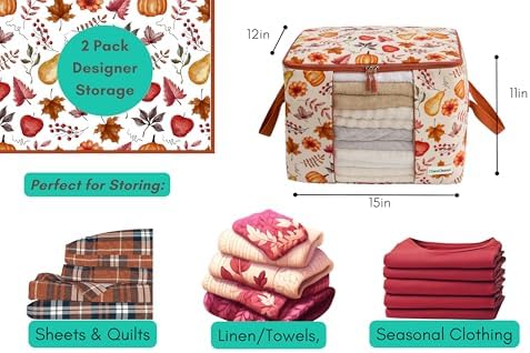 Chaos Cleared Canvas Storage Bags Designer Organizer 2 Pack – Seasonal Storage for Sweaters, Blankets, Linens & Garments – Foldable Design with Zip & Window (Autumn Print) - Image 2