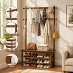 Solid Wood Hall Tree with Bench, Shoe Rack & 11 Hooks 35.0'' - Image 3