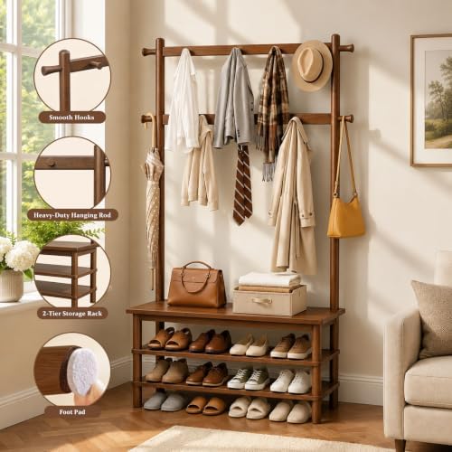 Solid Wood Hall Tree with Bench, Shoe Rack & 11 Hooks 35.0'' - Image 3