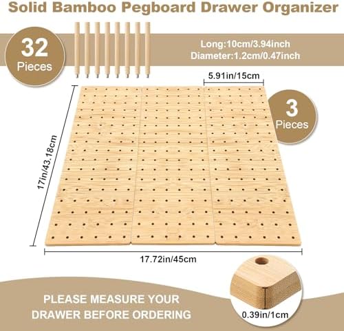 3 Pcs Wood Pegboard Drawer Organizer, Natural Wood, 17 x 5.91 Inch, Bamboo - Image 2