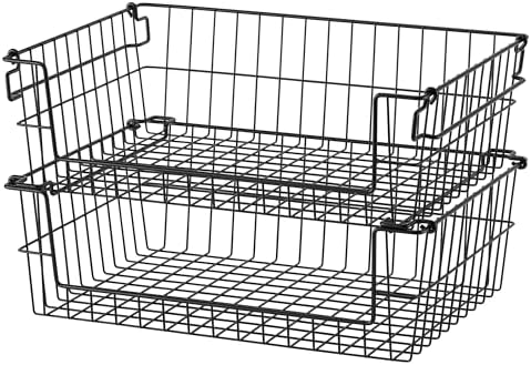 TRINITY Set of 2 19" Stackable Metal Wire Storage Baskets w Handles, Black by TRINITY