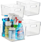 Plastic Food Storage 4 Pack Clear Container Bin with Handles for Organizing Kitchen, Pantry, Refrigerator, Freezer, Pantry, Cabinet, Closet, Bathroom. 10”x7.5”x5.3” by primebox