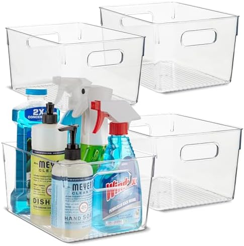 Plastic Food Storage 4 Pack Clear Container Bin with Handles for Organizing Kitchen, Pantry, Refrigerator, Freezer, Pantry, Cabinet, Closet, Bathroom. 10”x7.5”x5.3” by primebox