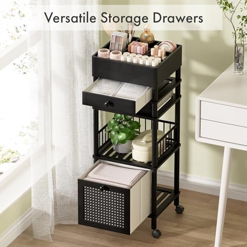 Amazer Bamboo Makeup Organizer Cart with 3 Drawers, Floor Skin Care Storage for Bathroom Bedroom, Rolling Vanity Organizer Cart for Cosmetic, Nail Polish, Perfume and Hair Tools, Black - Image 4