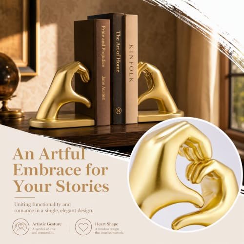 Gold Decorative Bookends for Shelves, Heart Hands Resin Sculpture with Non-Slip Felt Base, Modern Book Ends for Living Room, Bedroom and Office,Larger Size-10.43x3.93x5.51 - Image 3