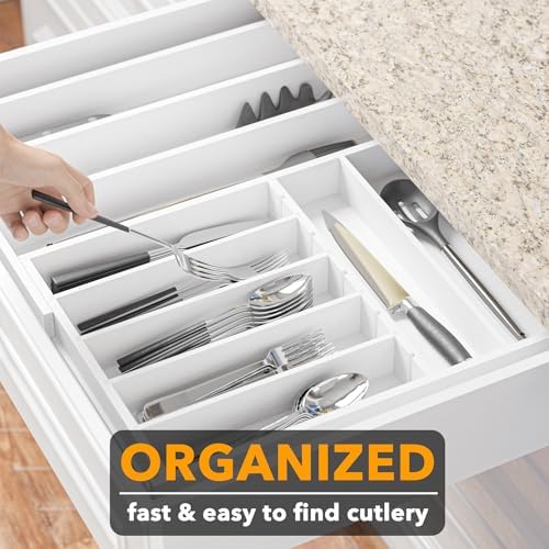 SpaceAid 2.5" High Bamboo Silverware Drawer Organizer with Labels, Kitchen Utensil Expandable Tray Holder for Flatware, Cutlery, Spoon and Knives Drawer Storage Organization (White) - Image 5