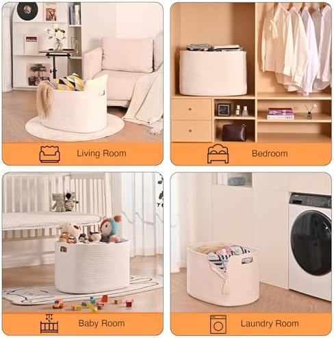 ICERZCZ White Laundry Basket, Blanket Baskets for Living Room, Cotton Rope Baskets for Storage, Woven Basket for Blankets, Toys, Clothes, Shoes, White, 25”x16”x16” (105L) - Image 4