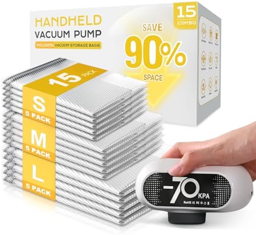 15 Pack Vacuum Storage Bags with Electric Pump, 70KPa Travel Space Saver Bags, Reusable Vacuum Seal Bags for Clothing, Suitcase, Travel & Home Use, White by SNOCOD