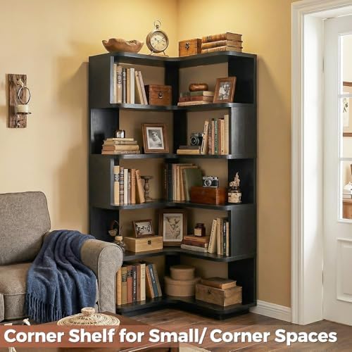 Besiost Corner Book Shelf, 6-Shelf Corner Bookshelf for Small Corner Spaces, L-Shape Bookcase Corner Display Shelf for Home Office, Living Room, Bedroom, Black - Image 6