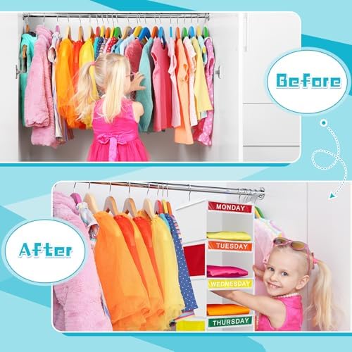 Amylove 2 Pcs 7 Shelf Weekly Clothes Organizer for Kids Hanging Closet Organizer 11. 8 x 11. 8 x 50 Inches Daily Activity Kids Clothes Storage Drawers Cube Drawers Closet Hanging Shelves(White) - Image 5