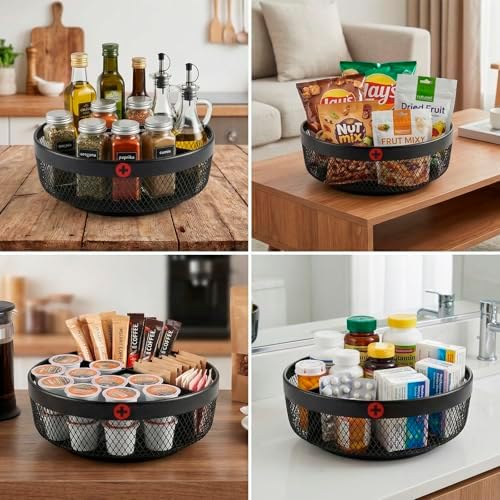 Rotating Medicine Organizer, 11.4 in Lazy Susan Pill Bottle Organizer with 4 Divided Sections, Metal Mesh Turntable Storage Basket for Cabinet, Countertop, Bathroom, Vitamins, Supplements - Image 6