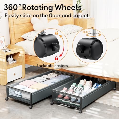 Under Bed Storage Containers with Wheels 2 Pack Underbed Shoe Storage Bedroom Storage Bins Organizer Large Capacity Under Bed Storage with Lid for Clothes Shoes Toys Blankets (Cyan-gray) - Image 4