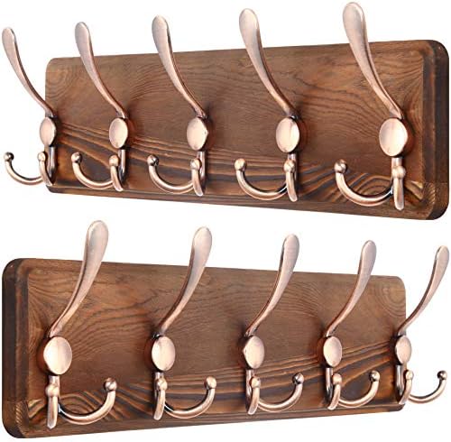 SKOLOO Coat Rack Wall Mounted - Pack of 2, Wooden, Heavy Duty, Rustic Coat Hooks for Wall, Wall Coat Rack with 5 Triple Hooks for Hanging Clothes, Jacket, Hat(Brown & Retro Red) by SKOLOO