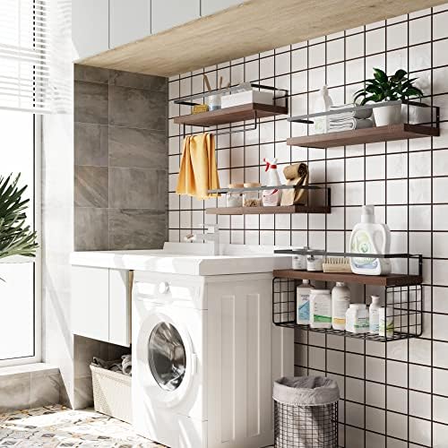 Wood Floating Shelves Wall Mounted - 4+1 Tier Rustic Bathroom Wall Shelves Over Toilet with Wire Storage Basket and Towel Bar, Set of 4 Farmhouse Floating Shelf for Bathroom, Kitchen, Bedroom. - Image 6